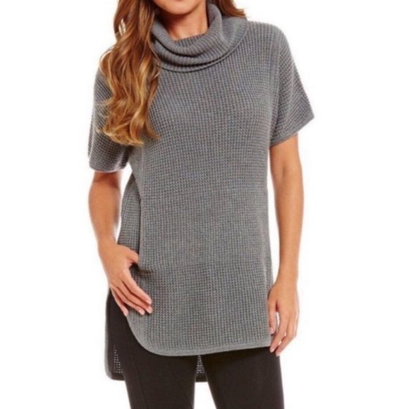 Ugg Gray Waffle Knit Turtleneck Short Sleeve Tunic Length Sweater Size XL - Picture 1 of 9